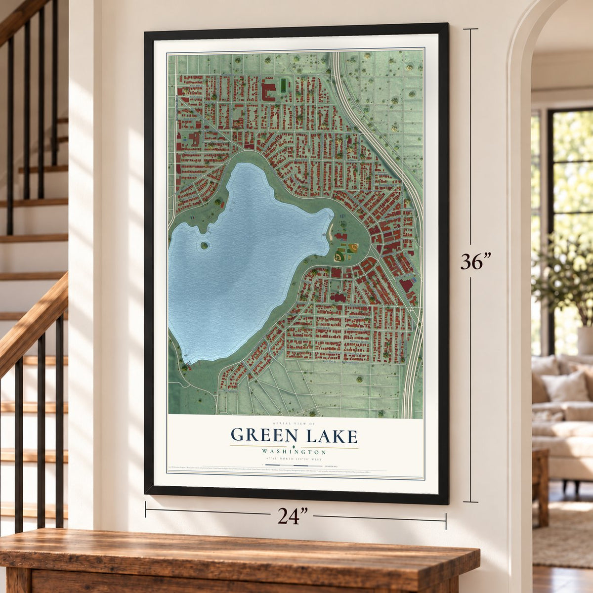 Green Lake, Washington map, 24 x 36 inch print in a black frame by a staircase