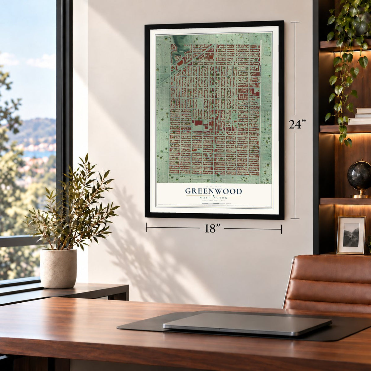 Greenwood, Washington map, 18 x 24 inch print in a black frame in a home office