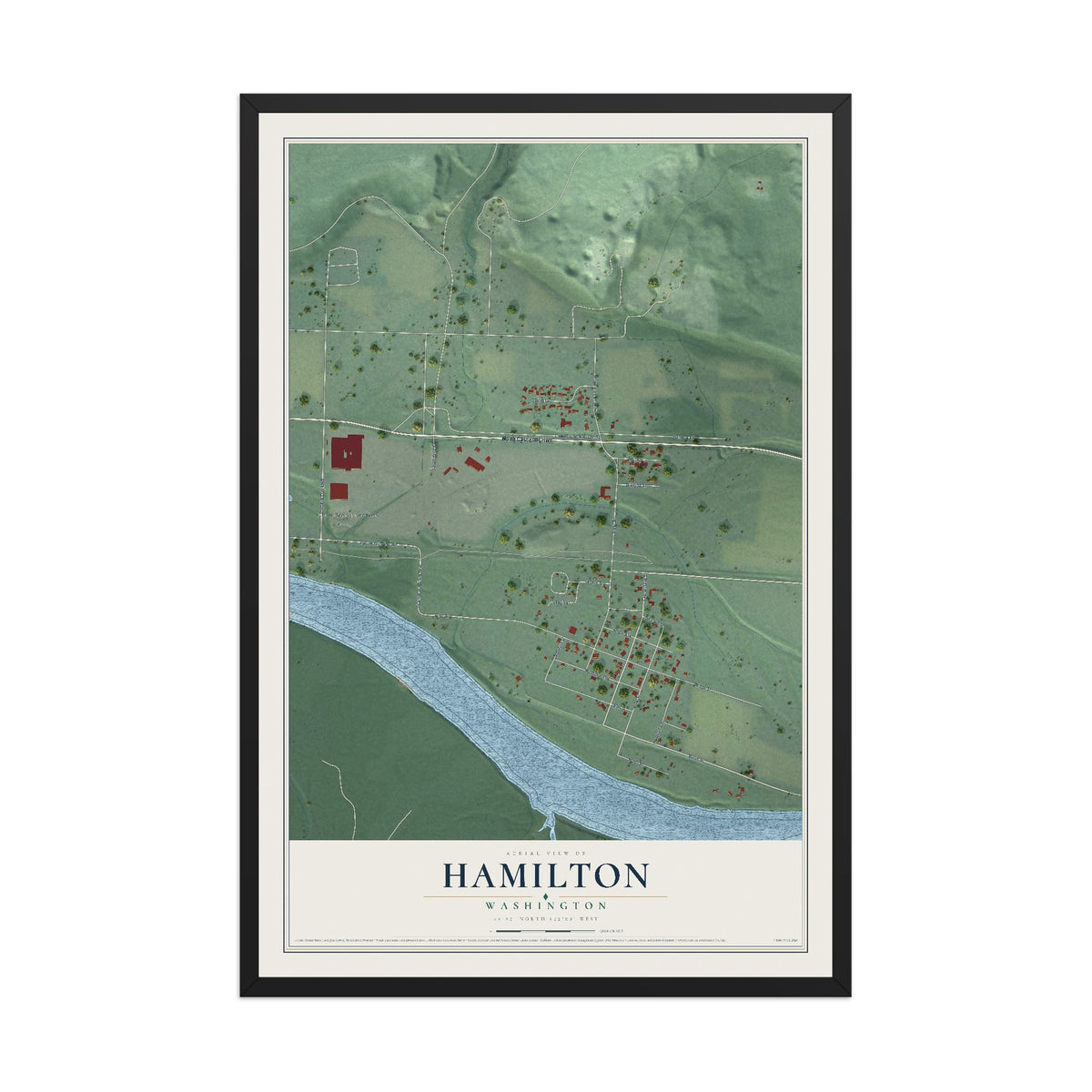 Map of Hamilton, Washington, 12 x 18 inch print in a black wood frame