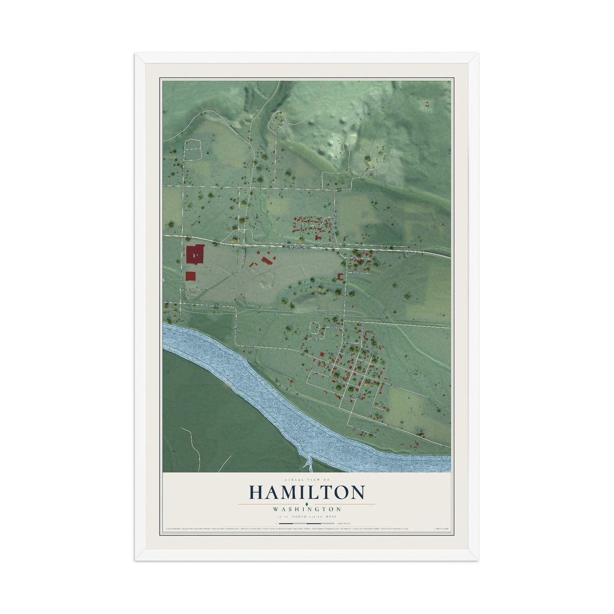 Map of Hamilton, Washington, 12 x 18 inch print in a white wood frame