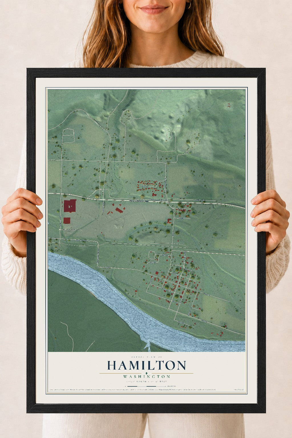Map of Hamilton, Washington, 18 x 24 inch print in a black wood frame