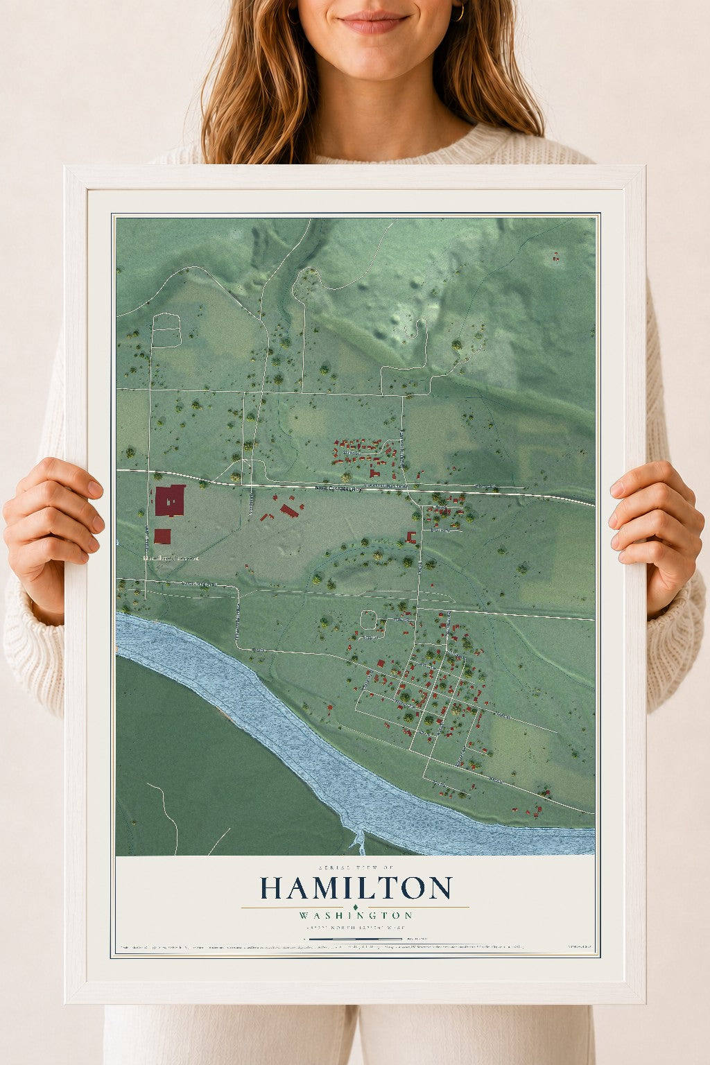 Map of Hamilton, Washington, 18 x 24 inch print in a white wood frame