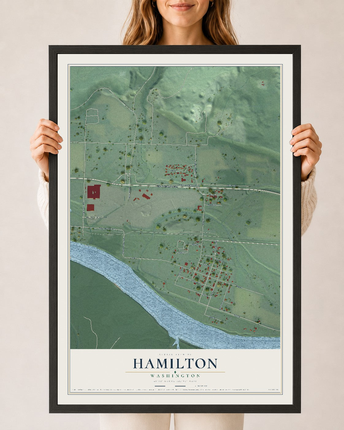 Map of Hamilton, Washington, 24 x 36 inch print in a black wood frame