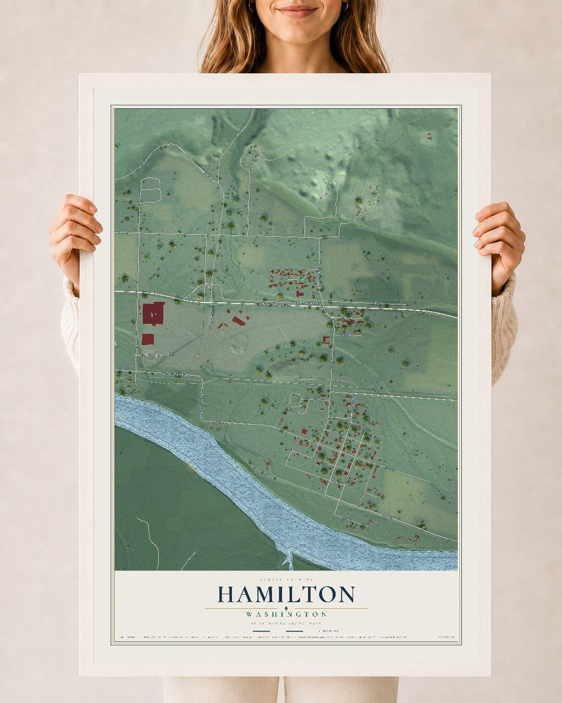Map of Hamilton, Washington, 24 x 36 inch print in a white wood frame