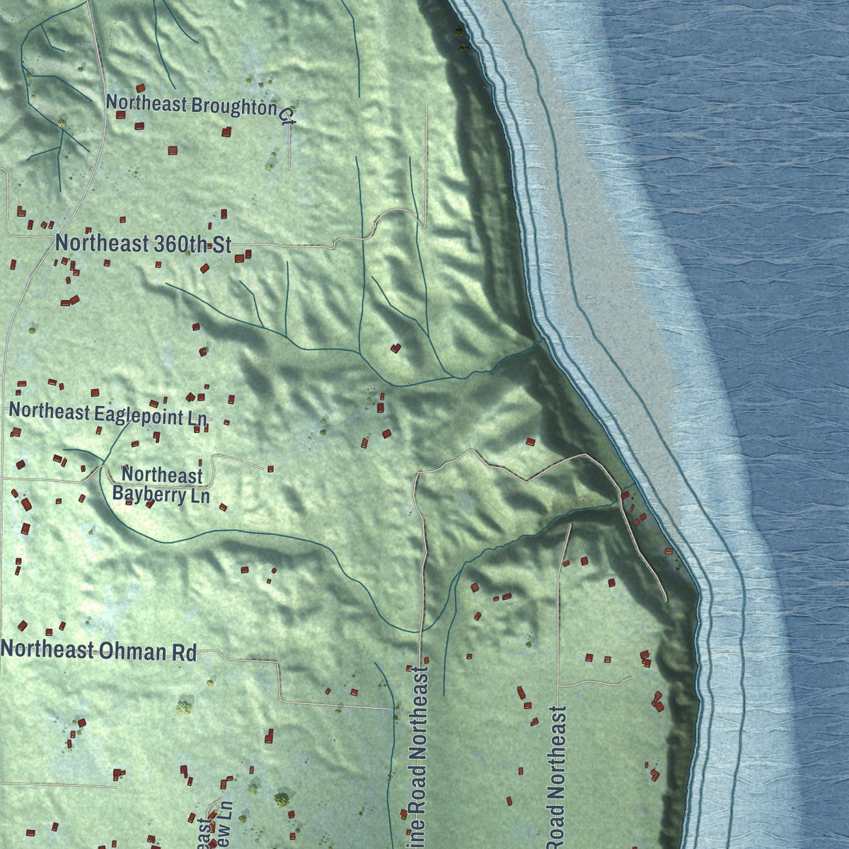 Close-up of the map of Hansville, Washington print showing street and building detail