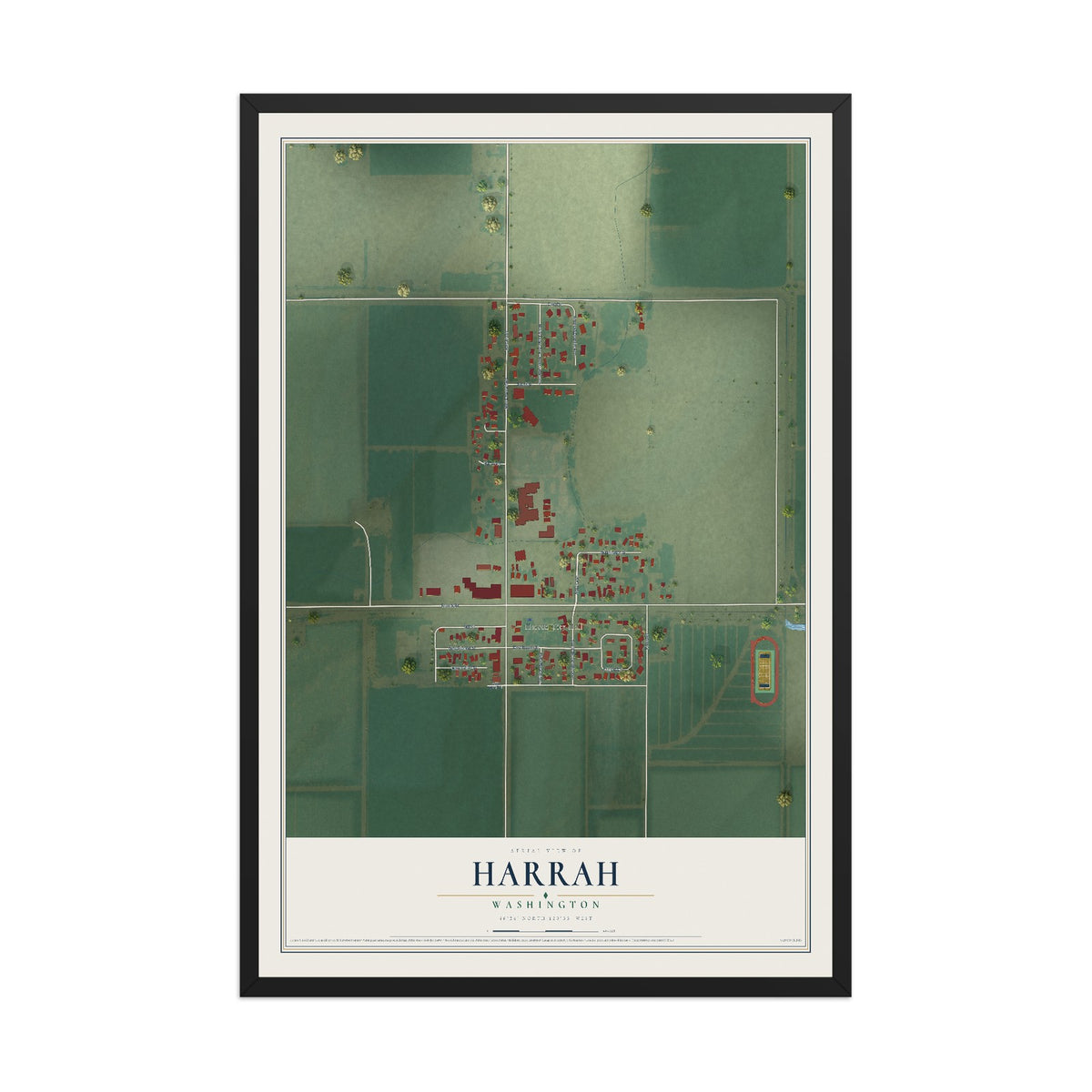 Map of Harrah, Washington, 12 x 18 inch print in a black wood frame