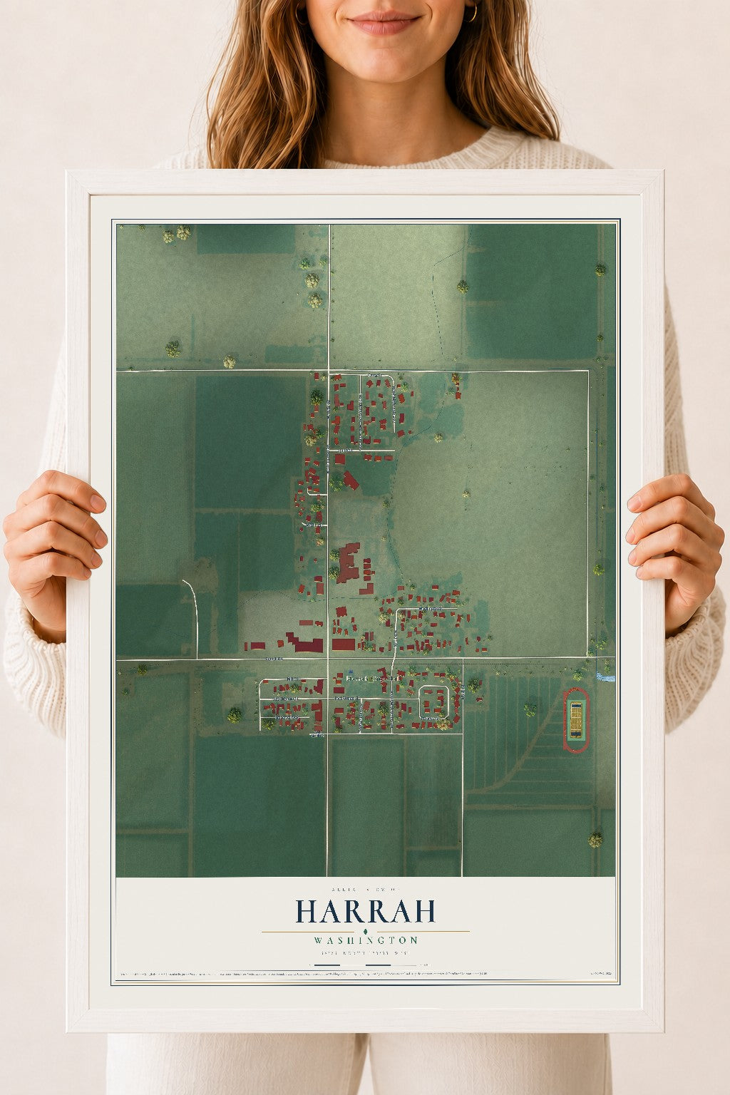 Map of Harrah, Washington, 18 x 24 inch print in a white wood frame
