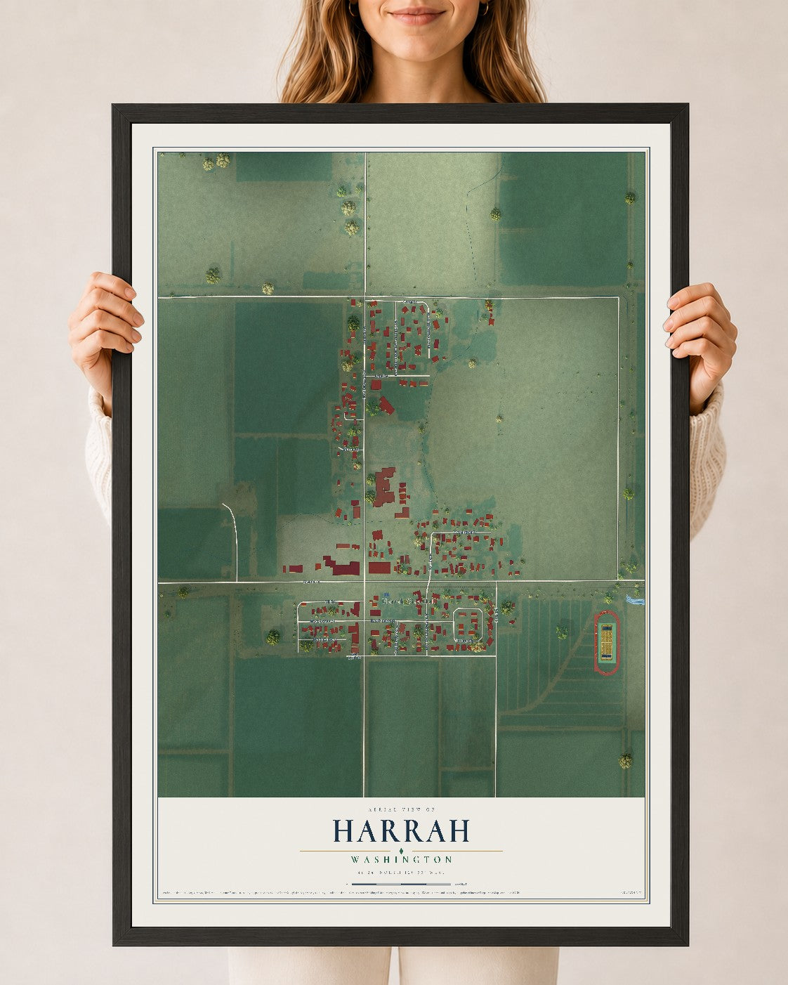 Map of Harrah, Washington, 24 x 36 inch print in a black wood frame