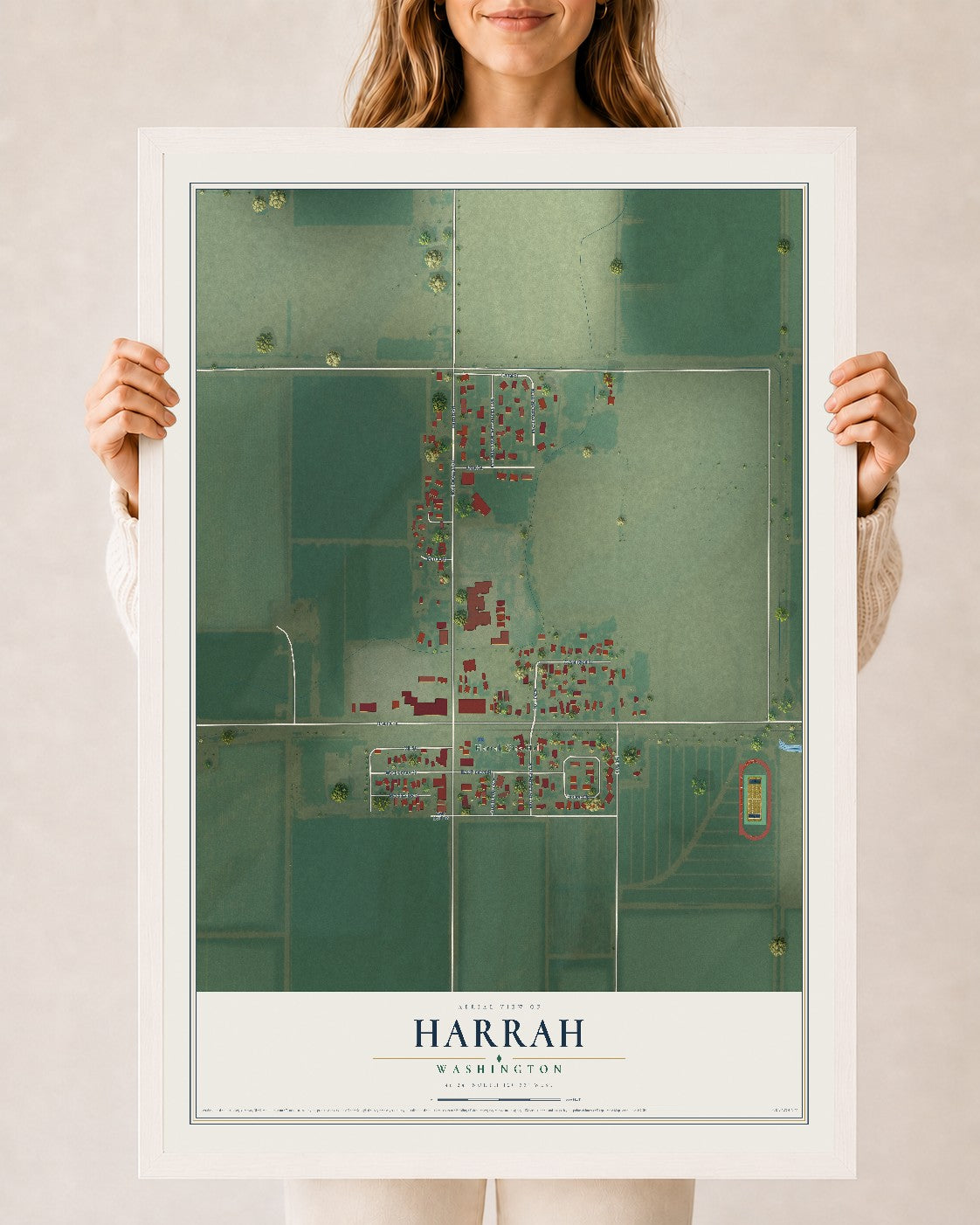 Map of Harrah, Washington, 24 x 36 inch print in a white wood frame