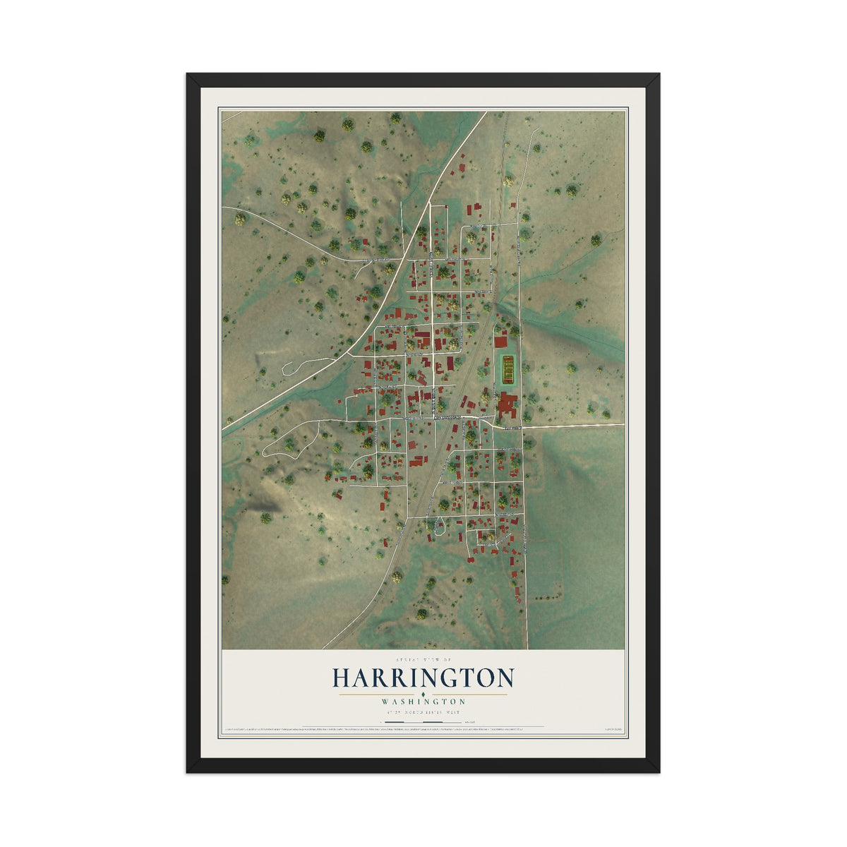 Map of Harrington, Washington, 12 x 18 inch print in a black wood frame