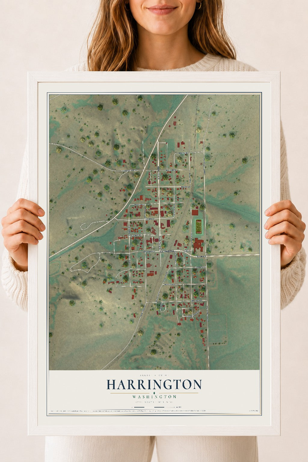 Map of Harrington, Washington, 18 x 24 inch print in a white wood frame