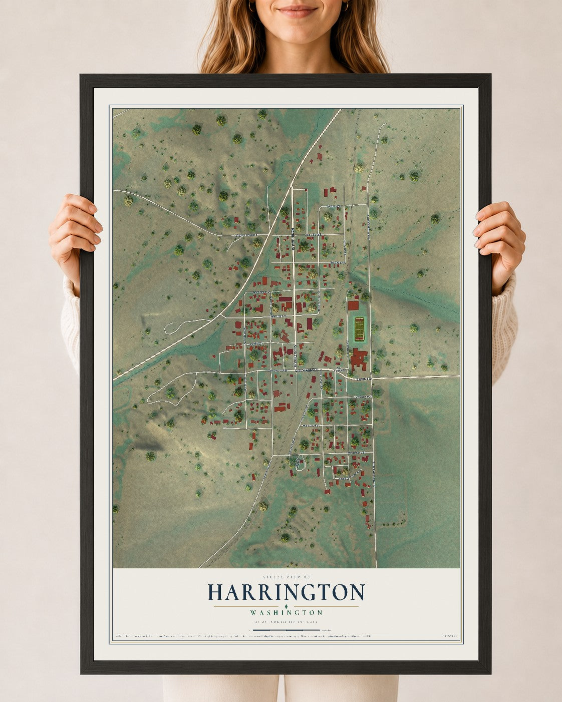 Map of Harrington, Washington, 24 x 36 inch print in a black wood frame