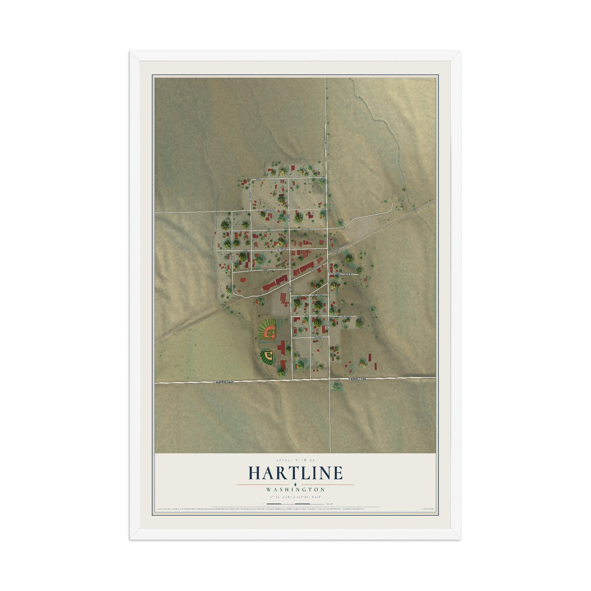 Map of Hartline, Washington, 12 x 18 inch print in a white wood frame