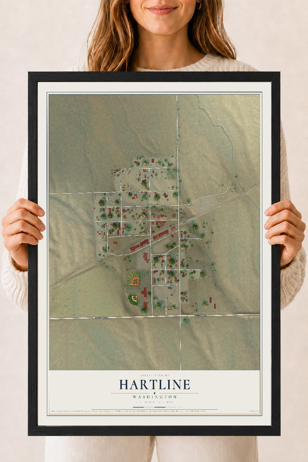 Map of Hartline, Washington, 18 x 24 inch print in a black wood frame