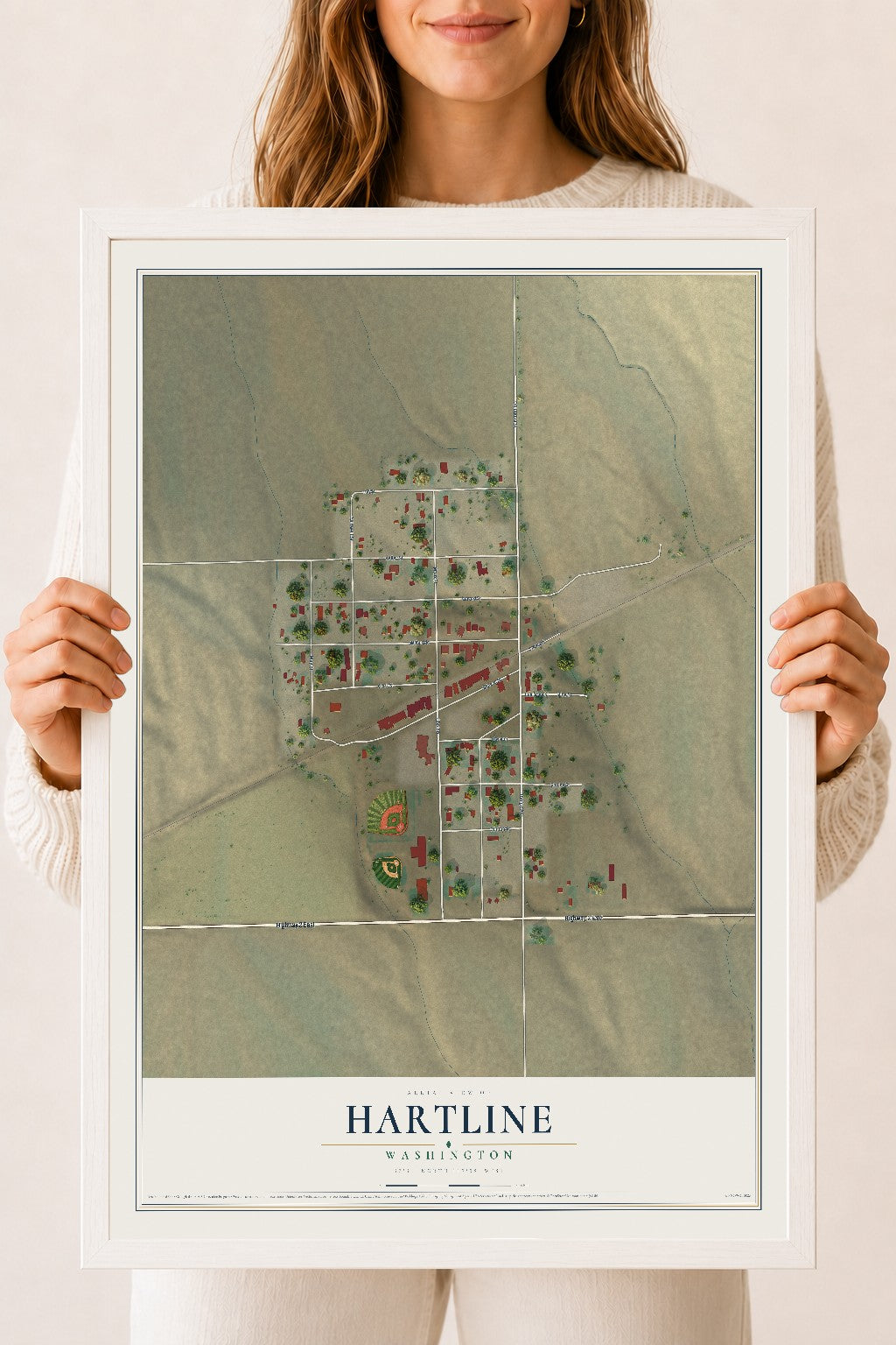 Map of Hartline, Washington, 18 x 24 inch print in a white wood frame