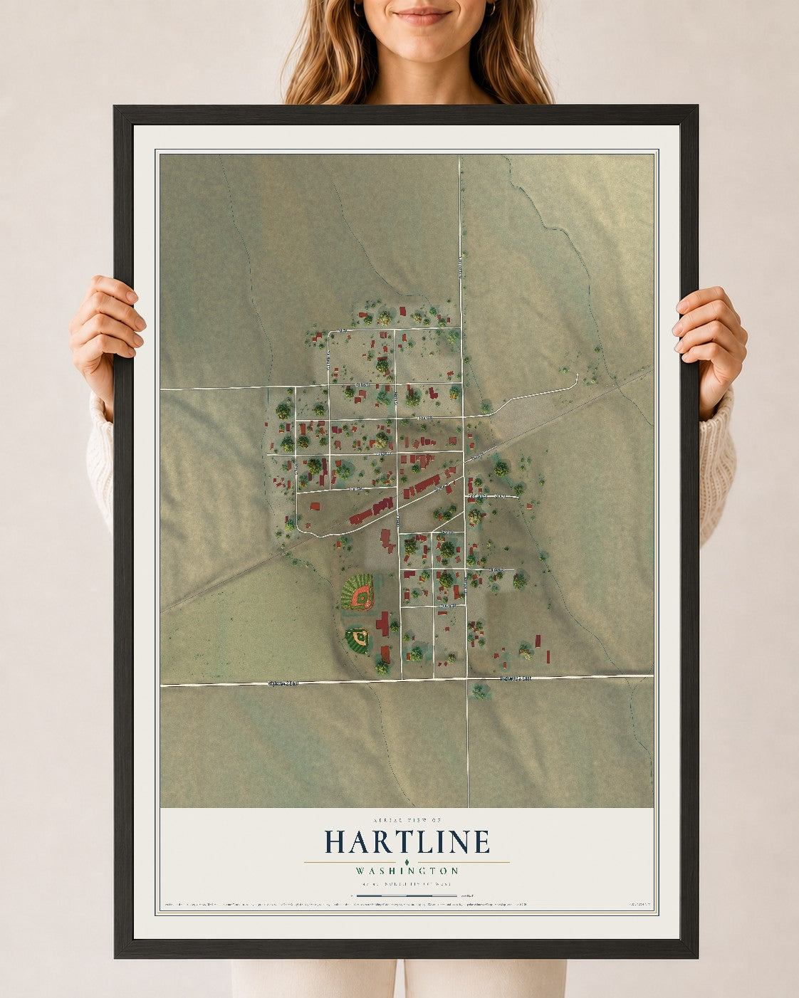 Map of Hartline, Washington, 24 x 36 inch print in a black wood frame