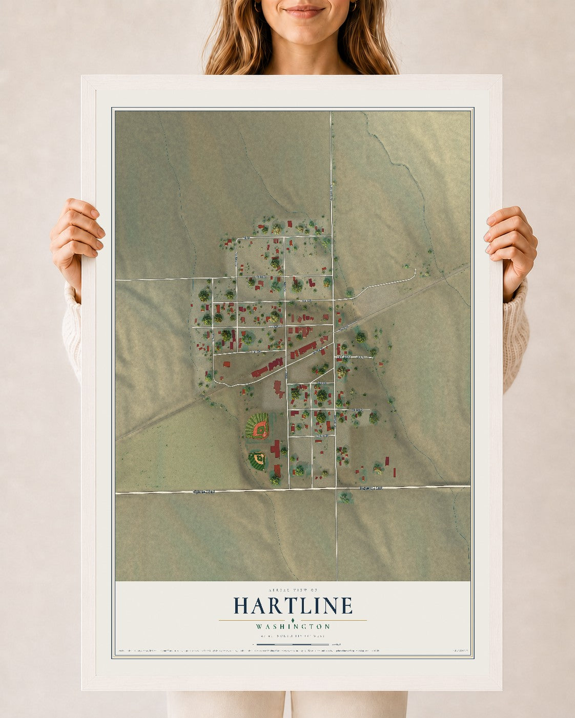 Map of Hartline, Washington, 24 x 36 inch print in a white wood frame