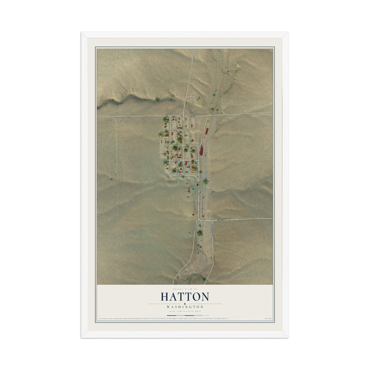 Map of Hatton, Washington, 12 x 18 inch print in a white wood frame