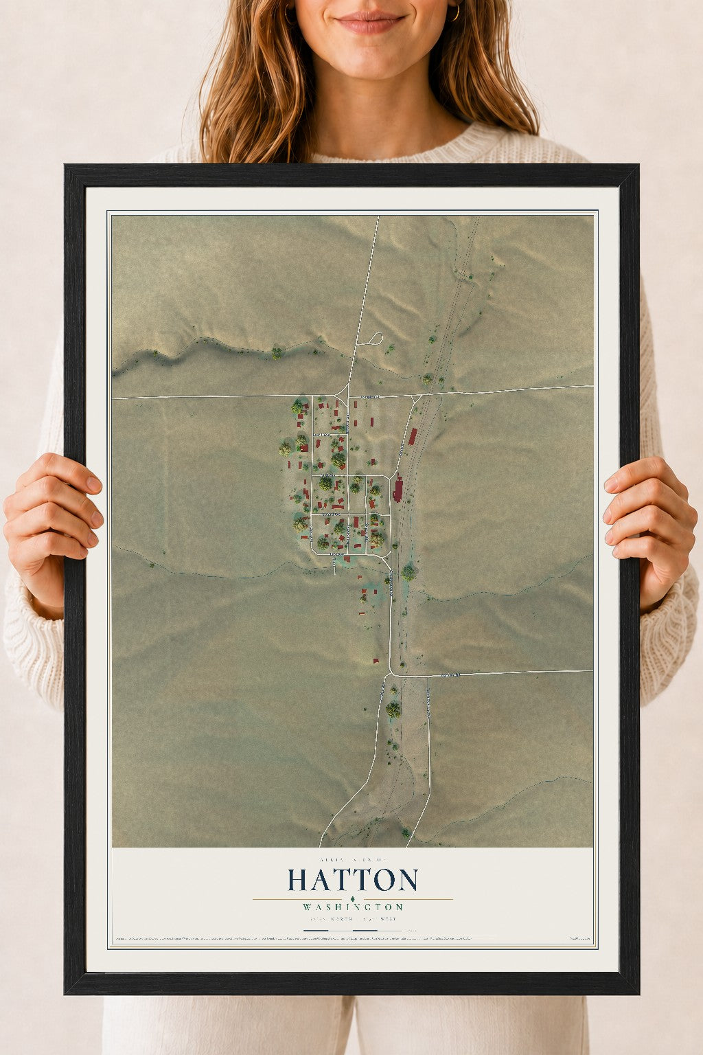 Map of Hatton, Washington, 18 x 24 inch print in a black wood frame