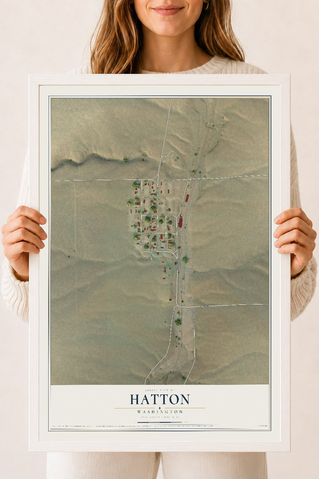 Map of Hatton, Washington, 18 x 24 inch print in a white wood frame