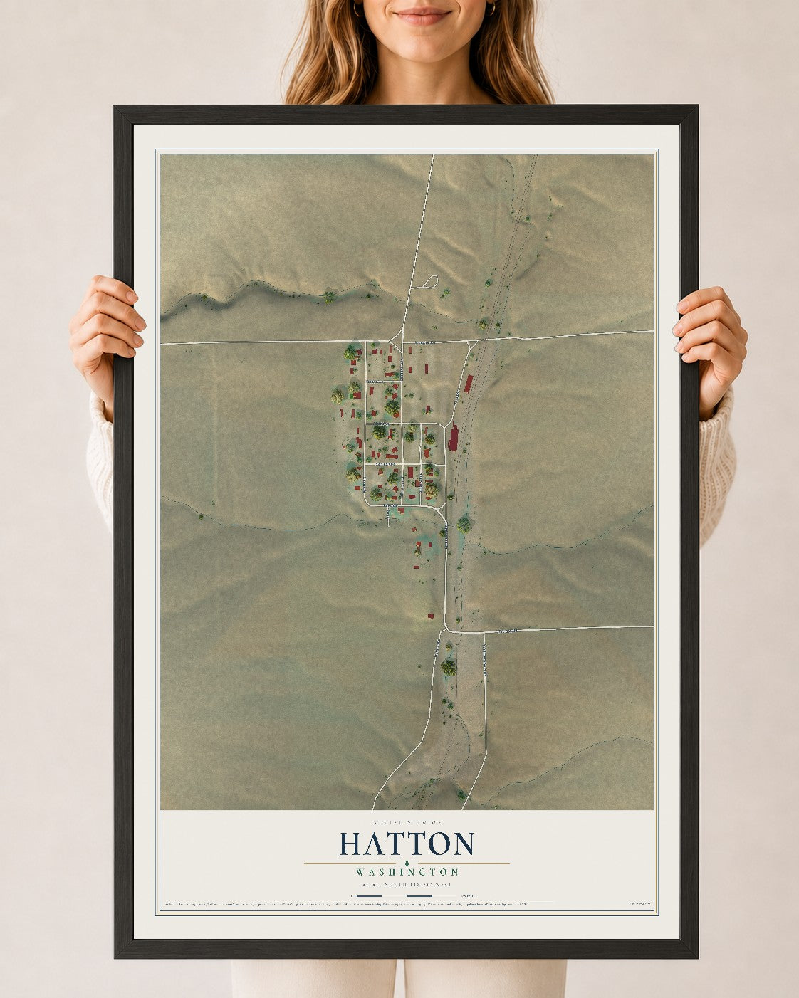 Map of Hatton, Washington, 24 x 36 inch print in a black wood frame