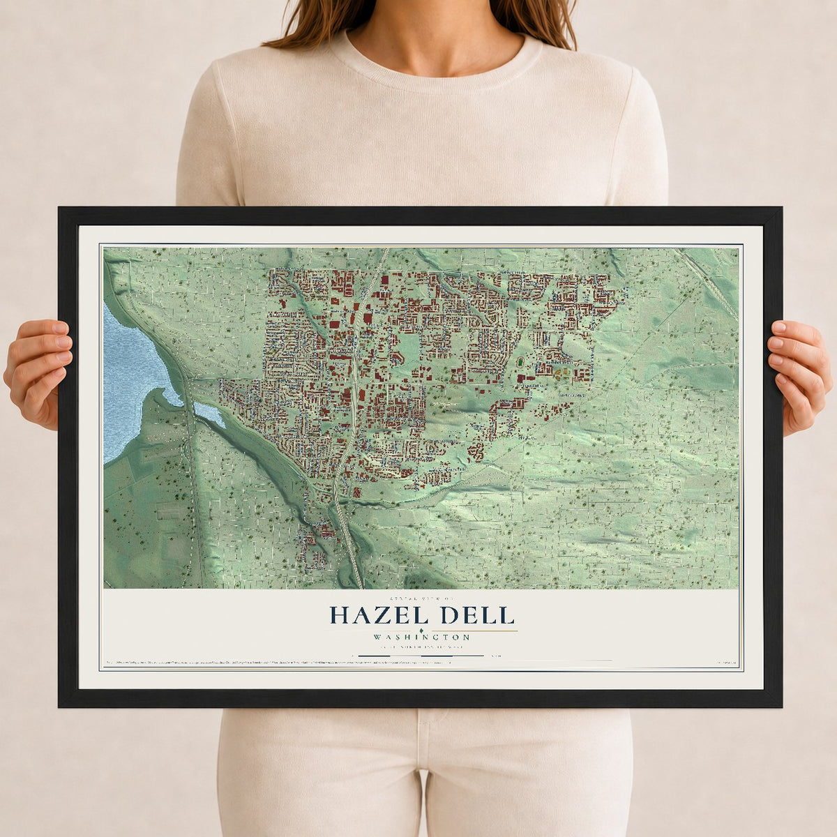 Map of Hazel Dell, Washington, 12 x 18 inch print in a black wood frame