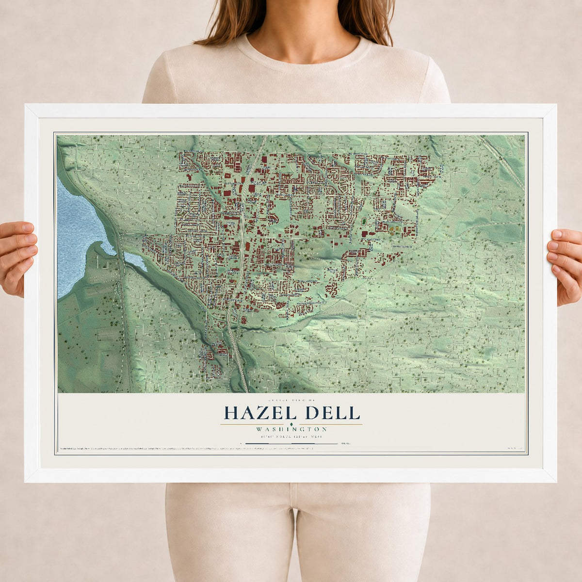 Map of Hazel Dell, Washington, 18 x 24 inch print in a white wood frame
