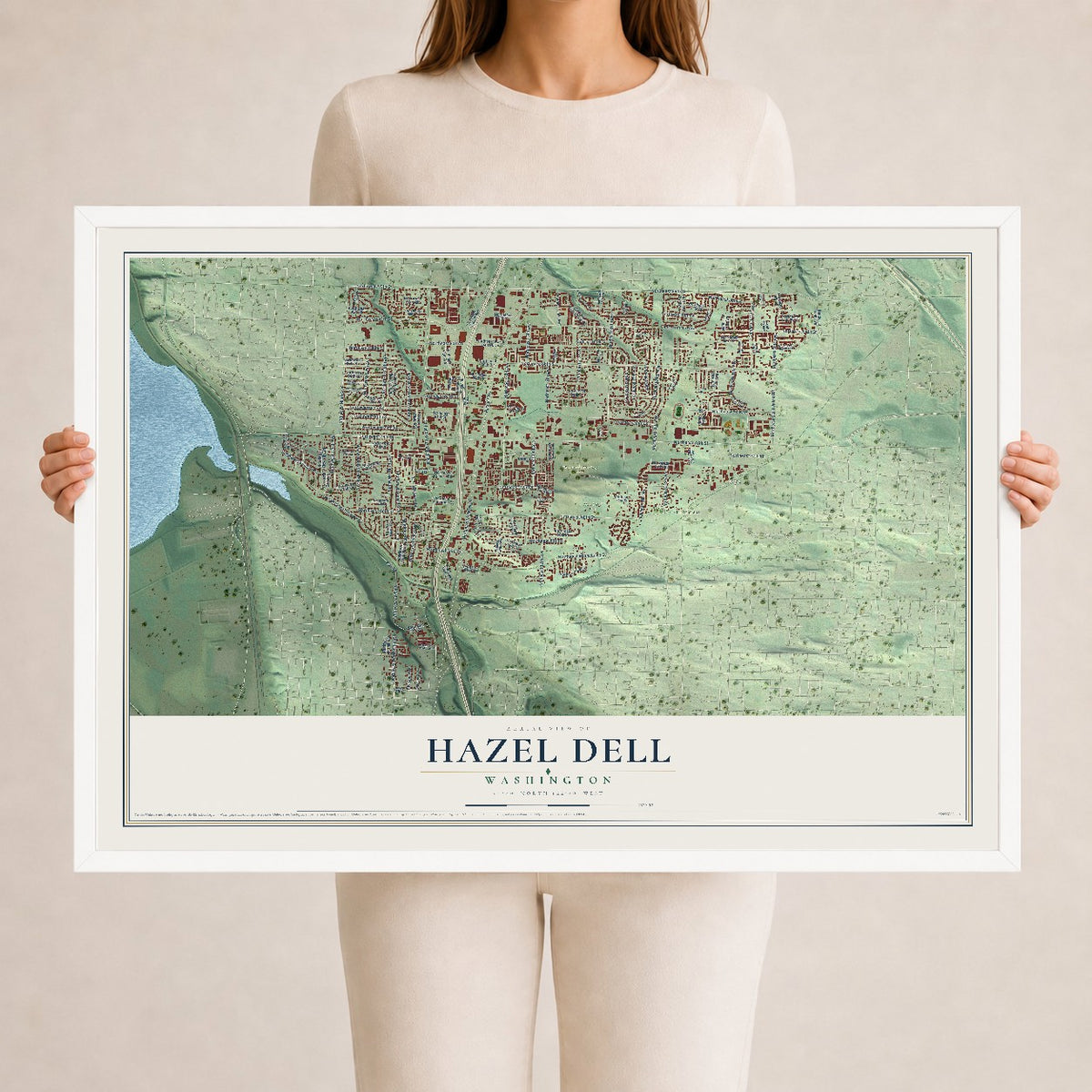 Map of Hazel Dell, Washington, 24 x 36 inch print in a white wood frame