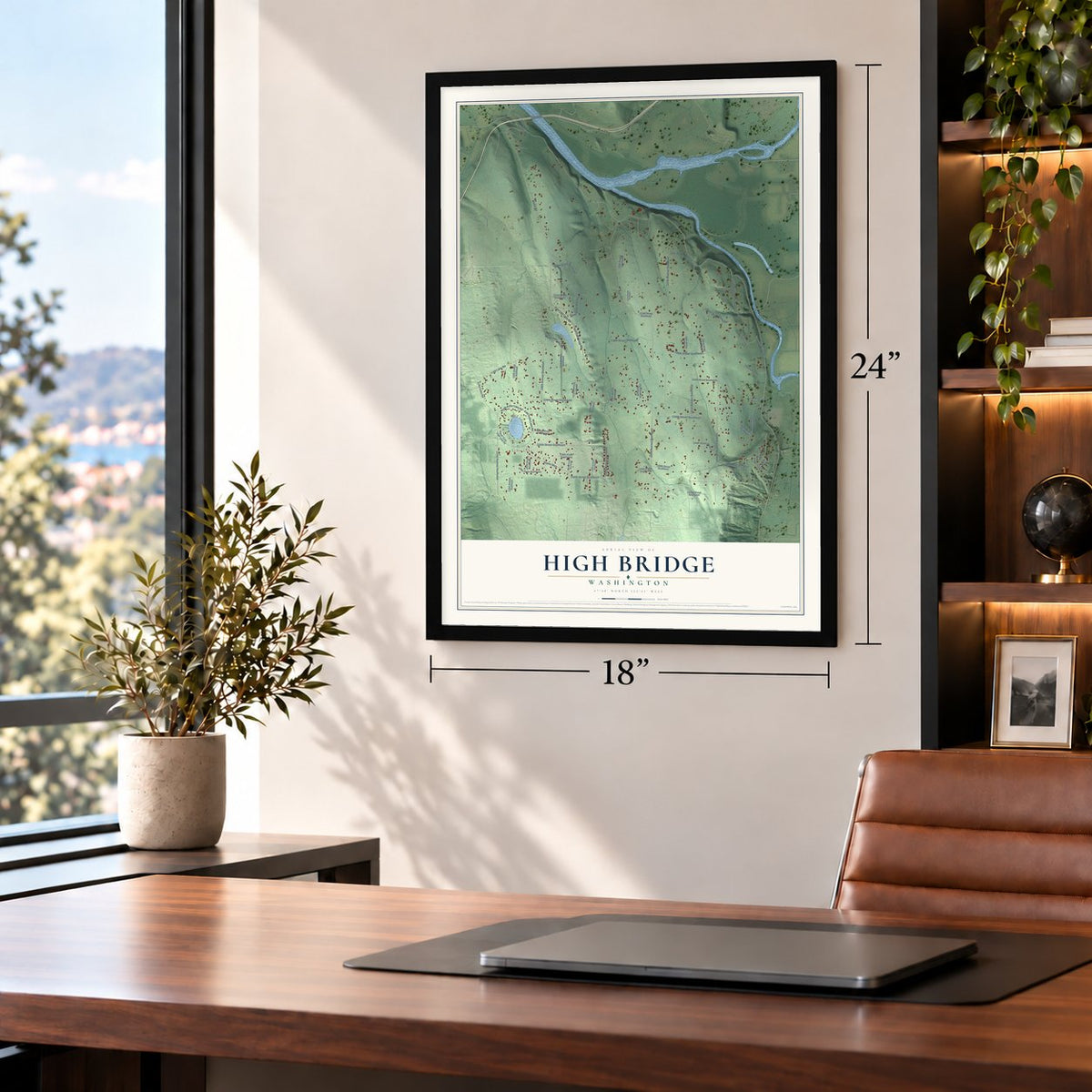 High Bridge, Washington map, 18 x 24 inch print in a black frame in a home office