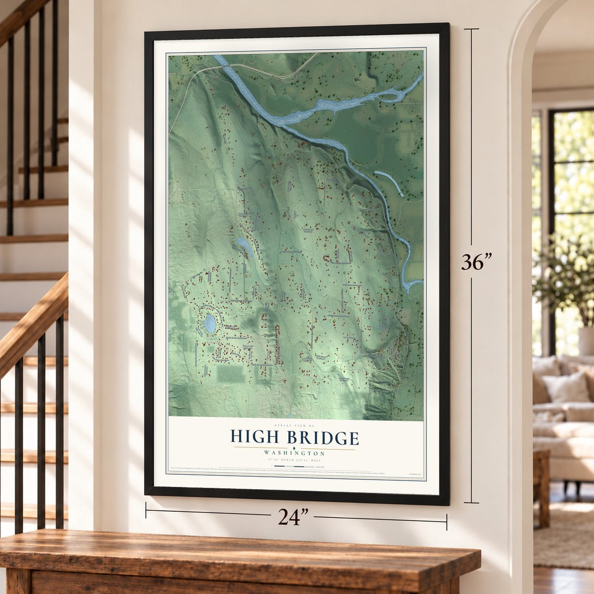 High Bridge, Washington map, 24 x 36 inch print in a black frame by a staircase