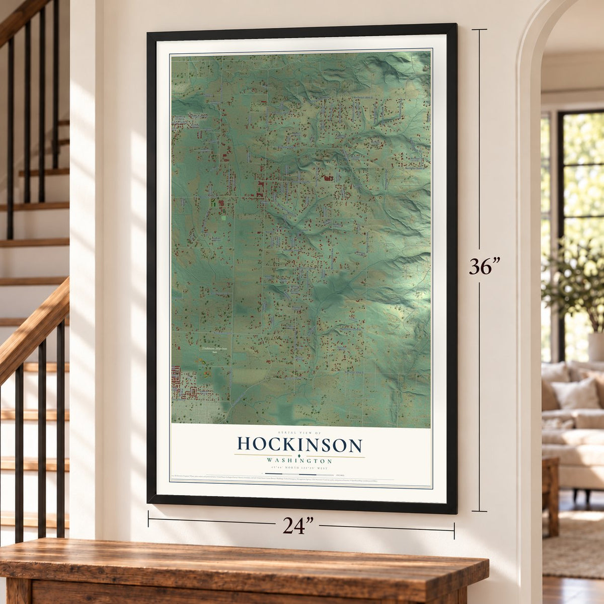 Hockinson, Washington map, 24 x 36 inch print in a black frame by a staircase