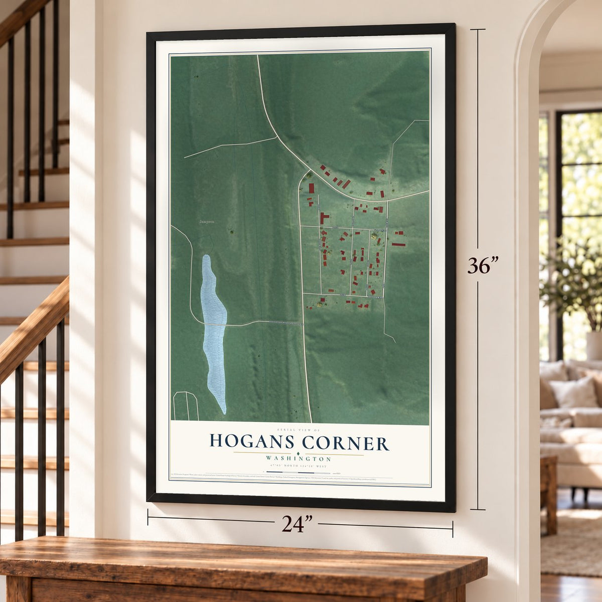 Hogans Corner, Washington map, 24 x 36 inch print in a black frame by a staircase