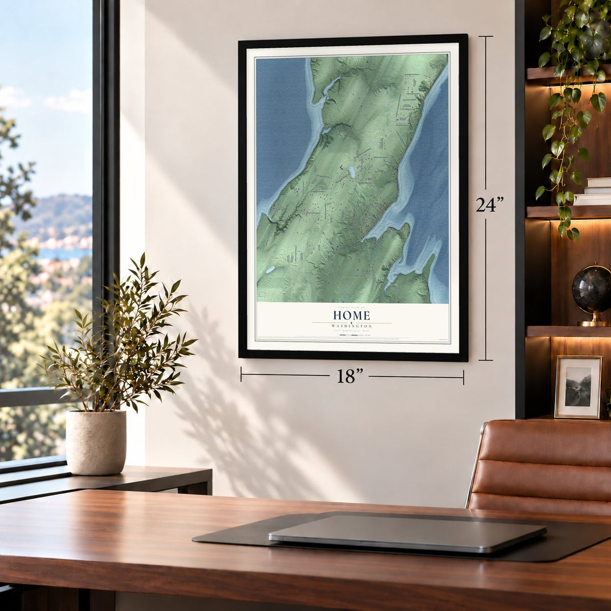 Home, Washington map, 18 x 24 inch print in a black frame in a home office