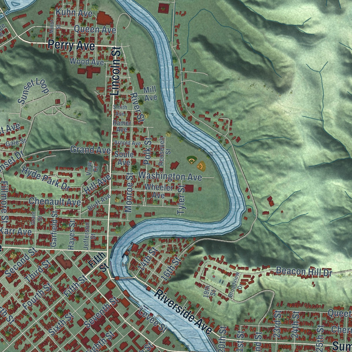 Close-up of the map of Hoquiam, Washington print showing street and building detail