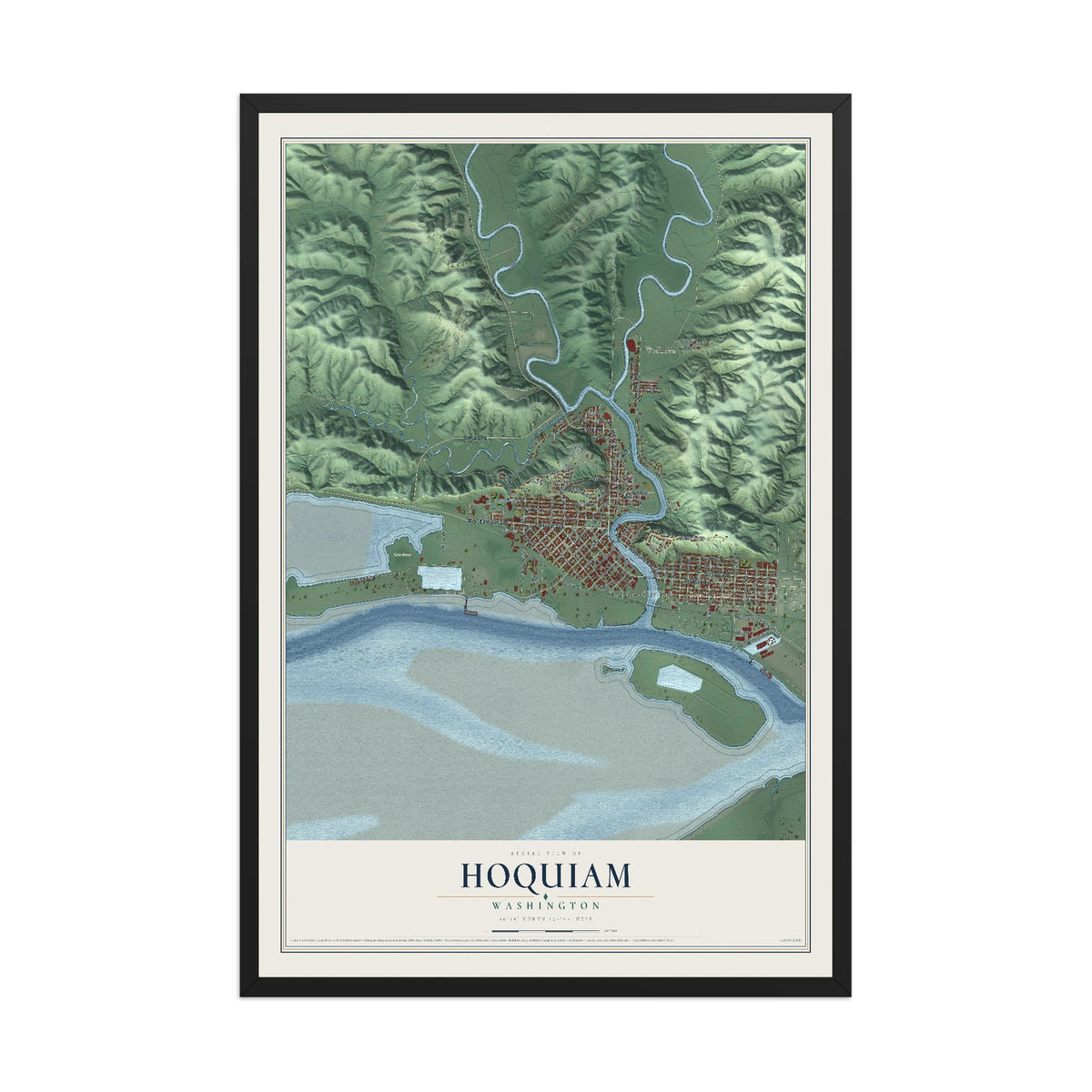 Map of Hoquiam, Washington, 12 x 18 inch print in a black wood frame