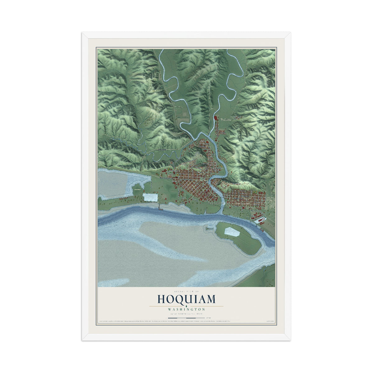 Map of Hoquiam, Washington, 12 x 18 inch print in a white wood frame