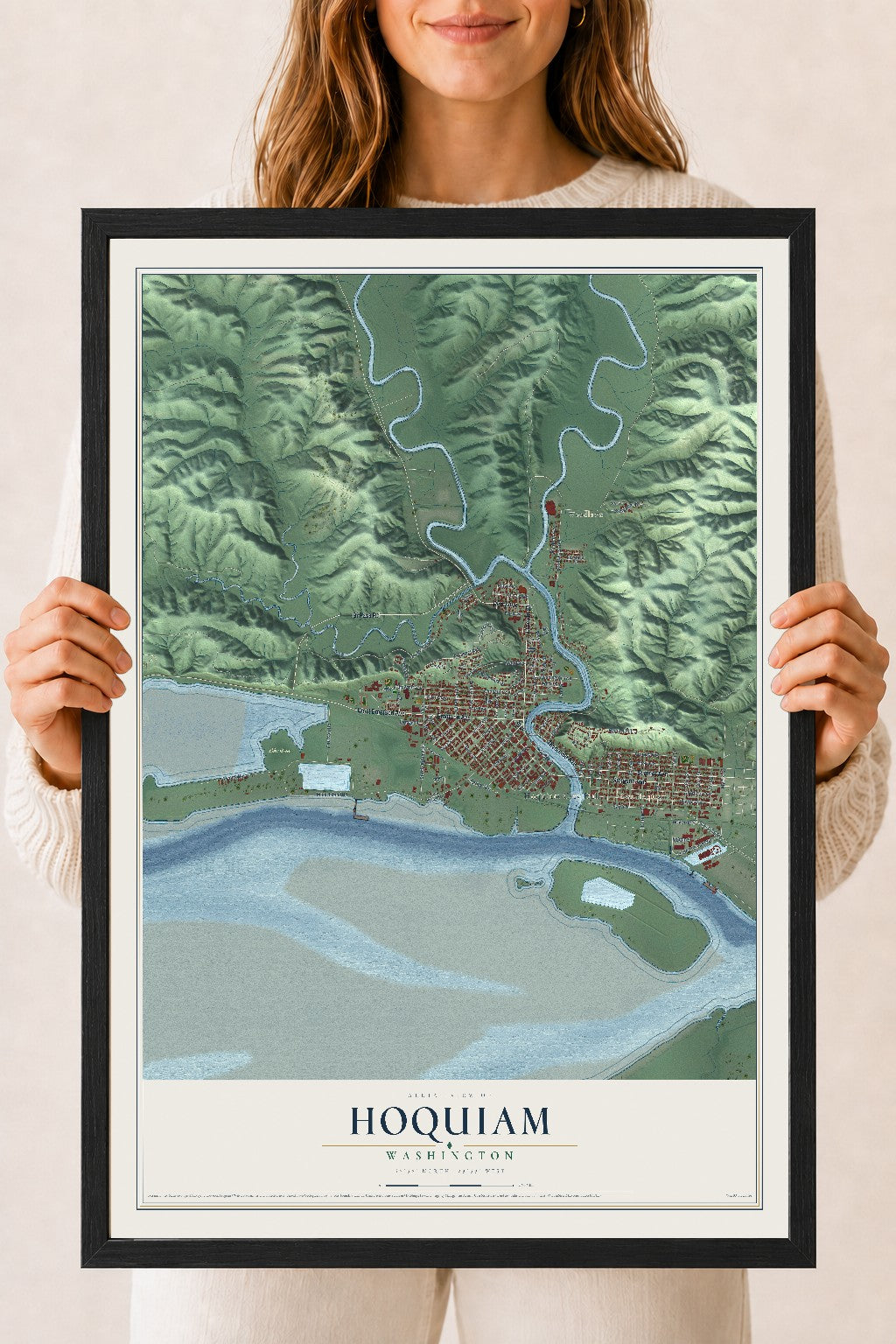 Map of Hoquiam, Washington, 18 x 24 inch print in a black wood frame