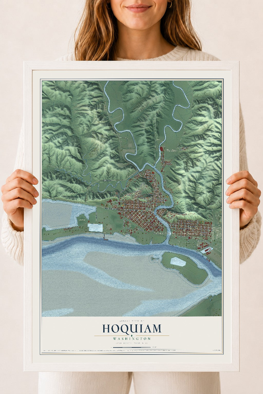 Map of Hoquiam, Washington, 18 x 24 inch print in a white wood frame