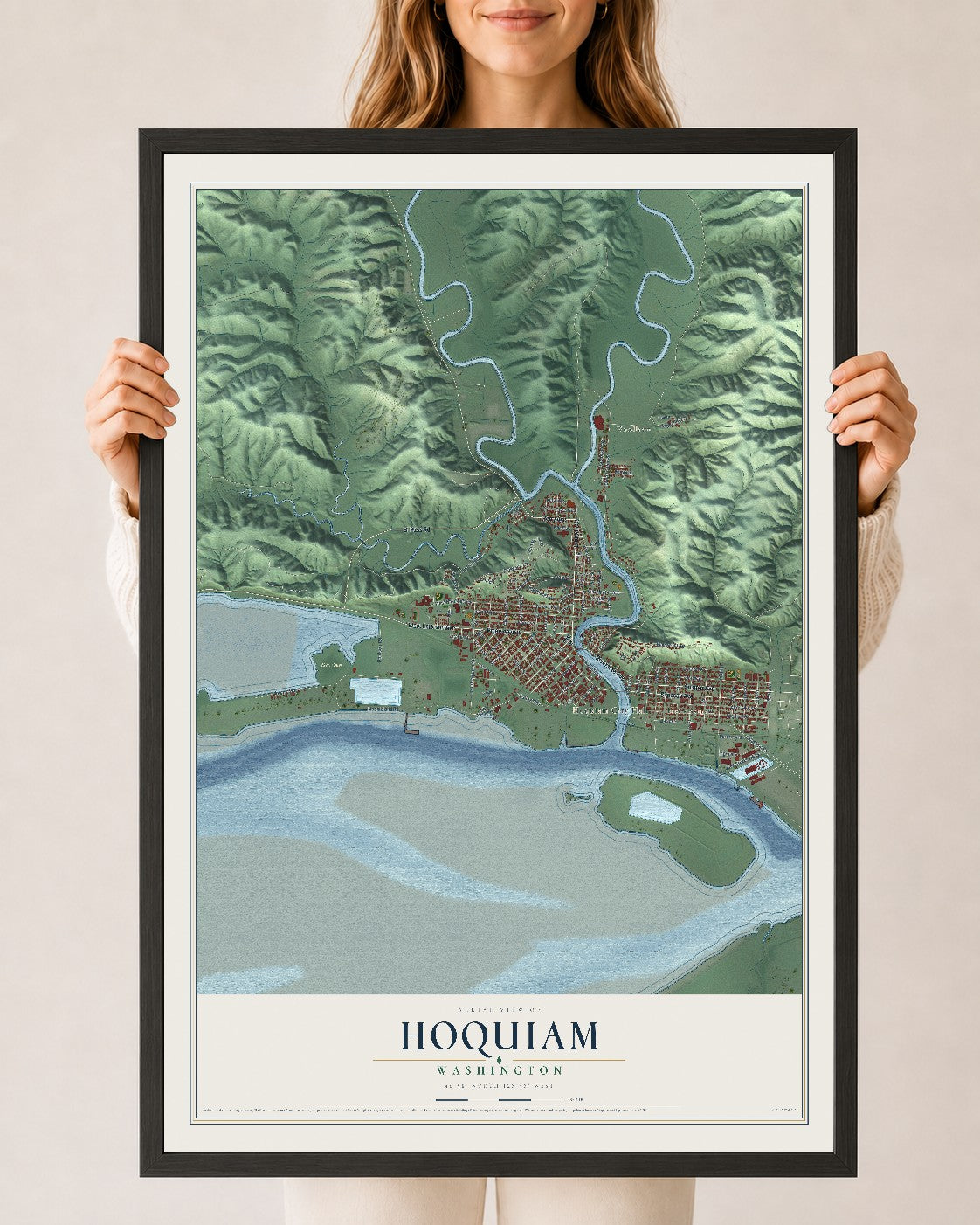 Map of Hoquiam, Washington, 24 x 36 inch print in a black wood frame
