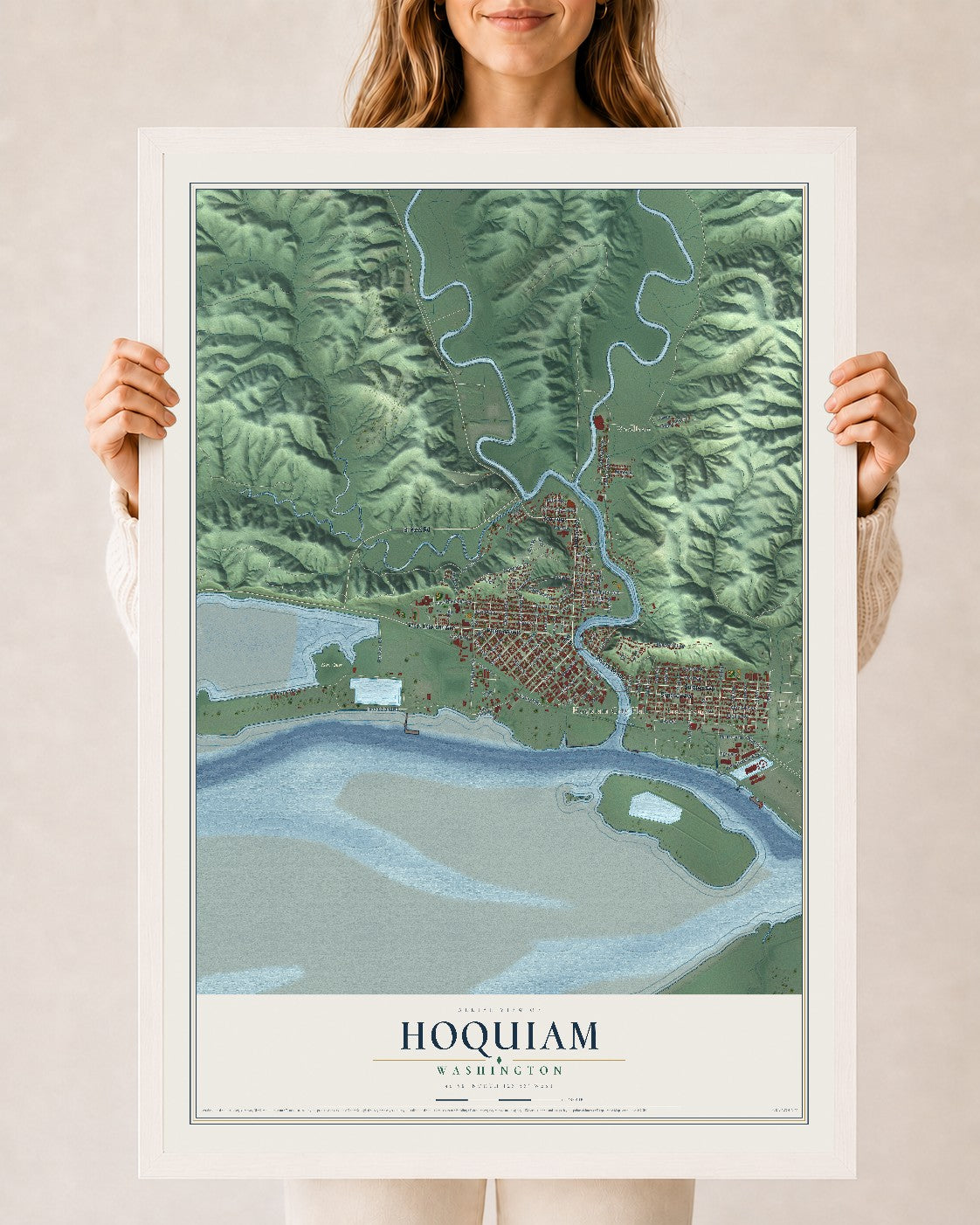 Map of Hoquiam, Washington, 24 x 36 inch print in a white wood frame