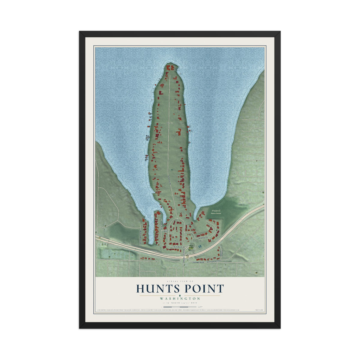 Map of Hunts Point, Washington, 12 x 18 inch print in a black wood frame