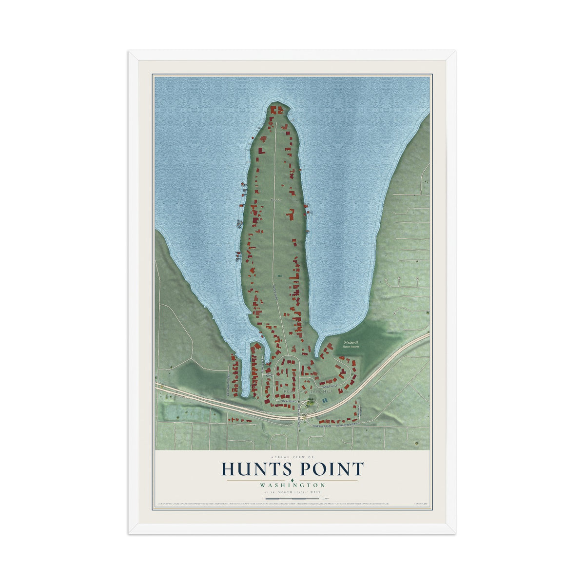 Map of Hunts Point, Washington, 12 x 18 inch print in a white wood frame