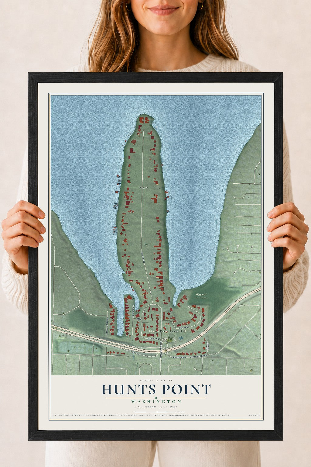 Map of Hunts Point, Washington, 18 x 24 inch print in a black wood frame