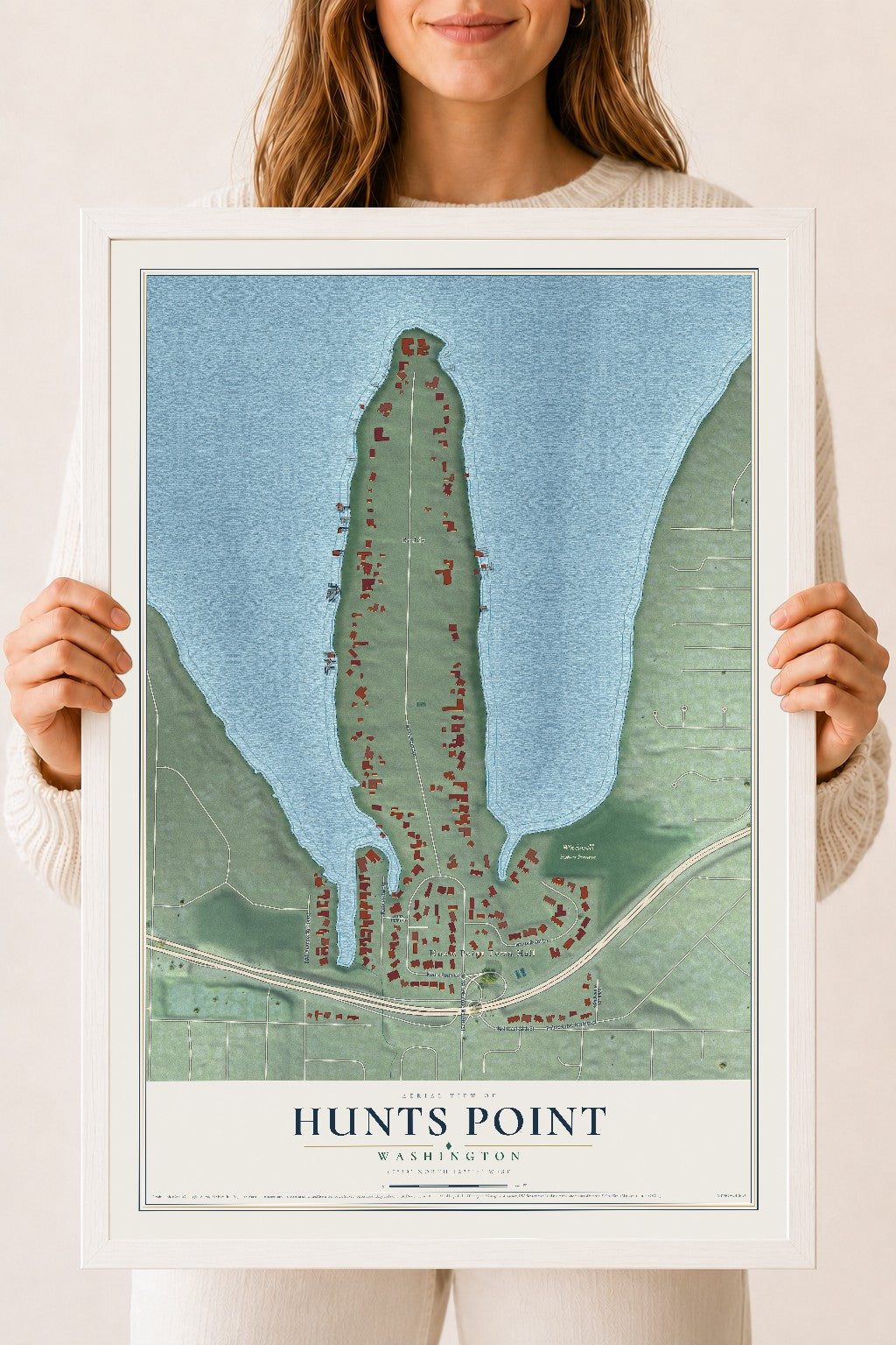 Map of Hunts Point, Washington, 18 x 24 inch print in a white wood frame