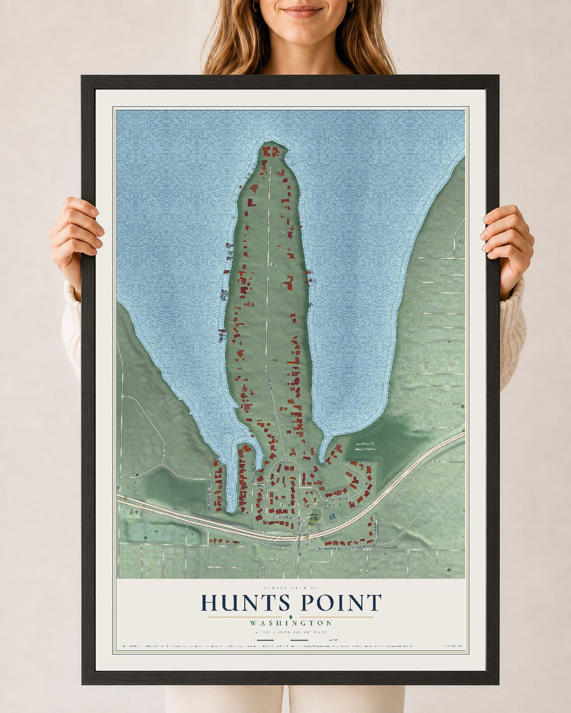 Map of Hunts Point, Washington, 24 x 36 inch print in a black wood frame