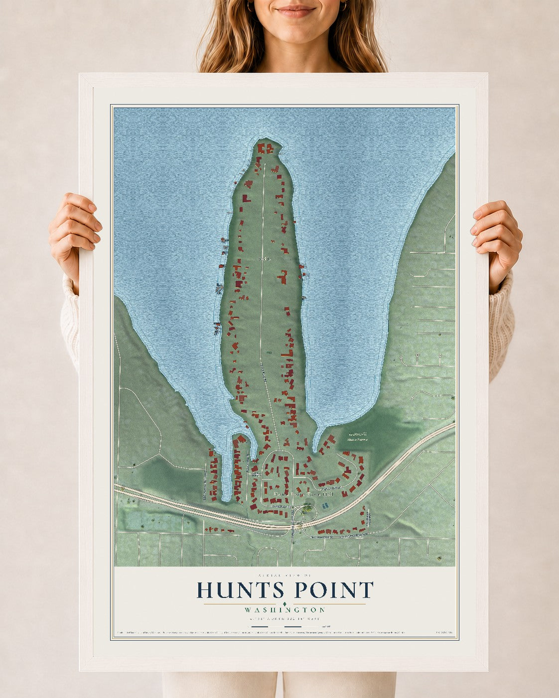 Map of Hunts Point, Washington, 24 x 36 inch print in a white wood frame