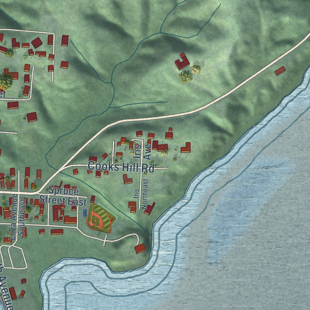 Second close-up of the map of Ilwaco, Washington print showing more streets and buildings