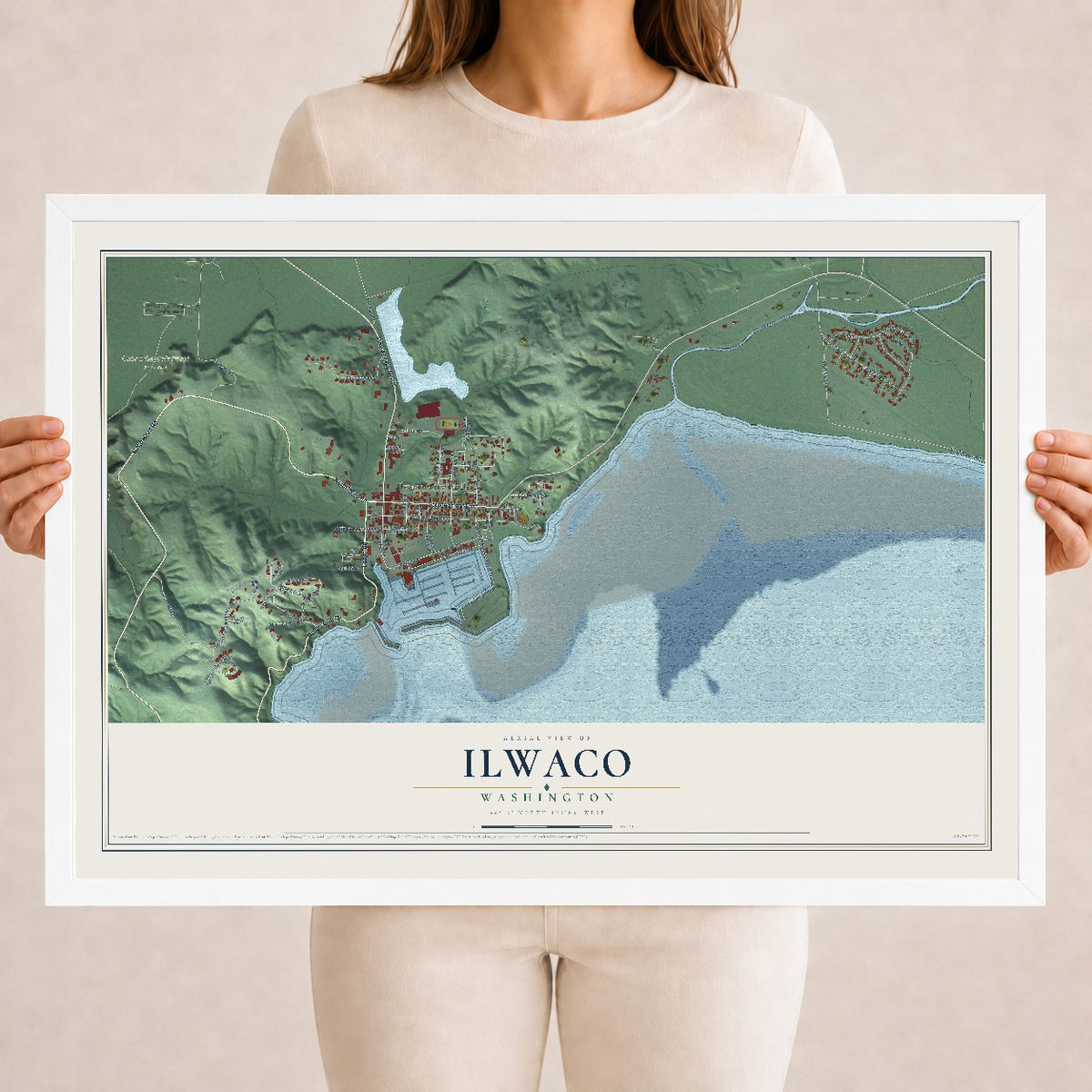 Map of Ilwaco, Washington, 18 x 24 inch print in a white wood frame