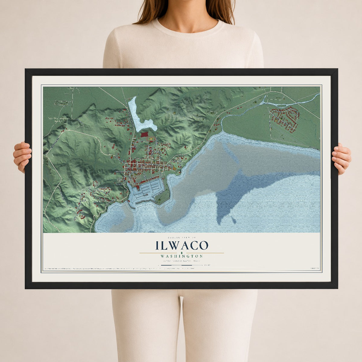 Map of Ilwaco, Washington, 24 x 36 inch print in a black wood frame
