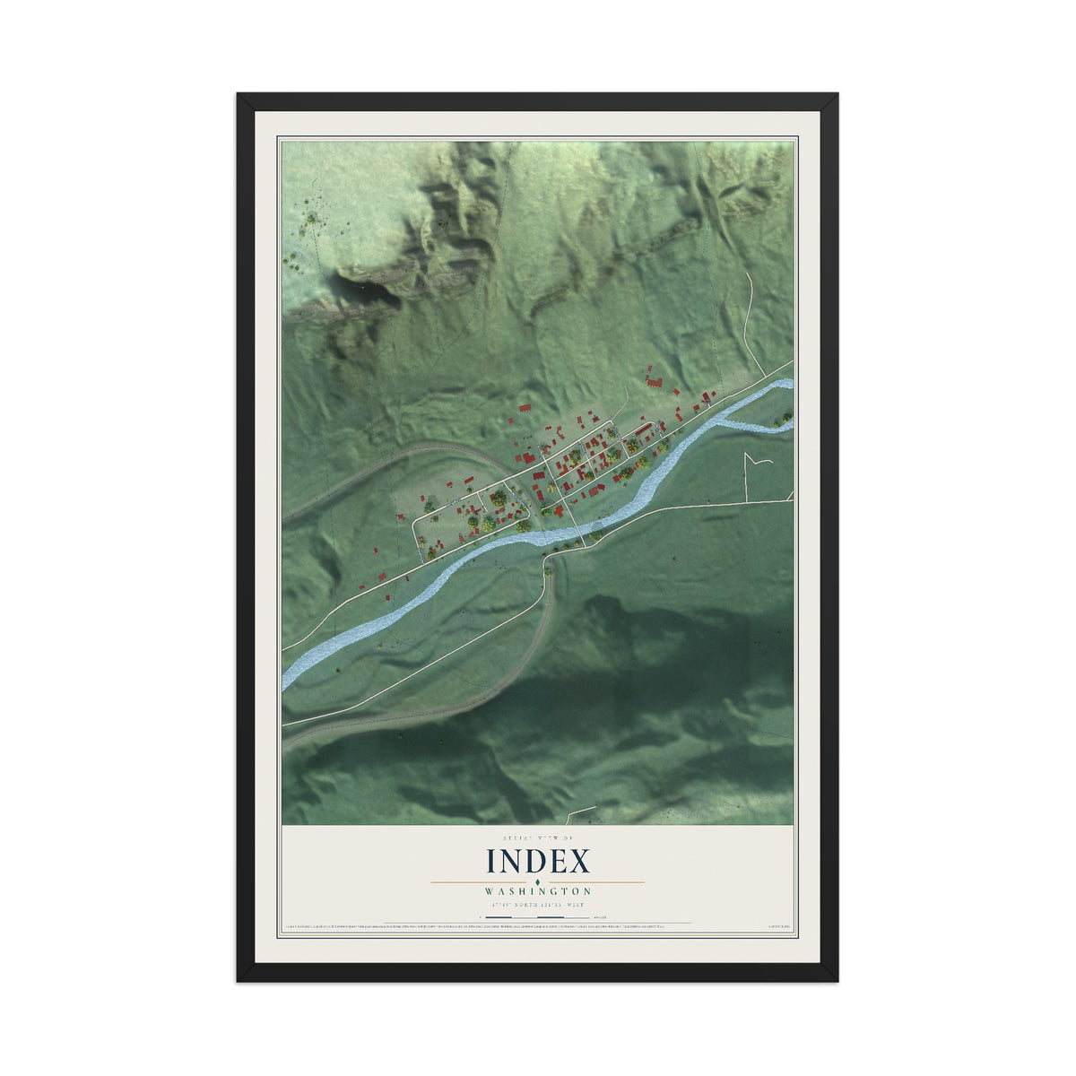 Map of Index, Washington, 12 x 18 inch print in a black wood frame